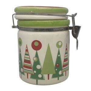 Christmas Trees Wire Bail Lidded Candy Coffee Treat Crock Canister Lucerne Foods